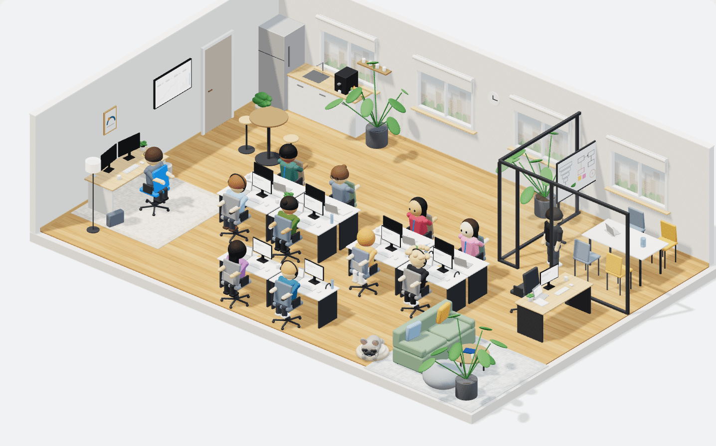The Fluffify office: two desk islands, a glass meeting room, a kitchen corner and a lounge, with the team at their desks